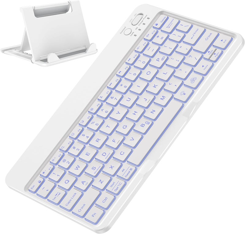 Omoton Bluetooth Keyboard for Tablet/Android/Windows/iOS, with 7 Colors Backlight Rechargeable Wireless Mini Keyboard for Galaxy Tab A9+ / S9 FE / S10 / S11 / A11 Series etc, White - Image 1